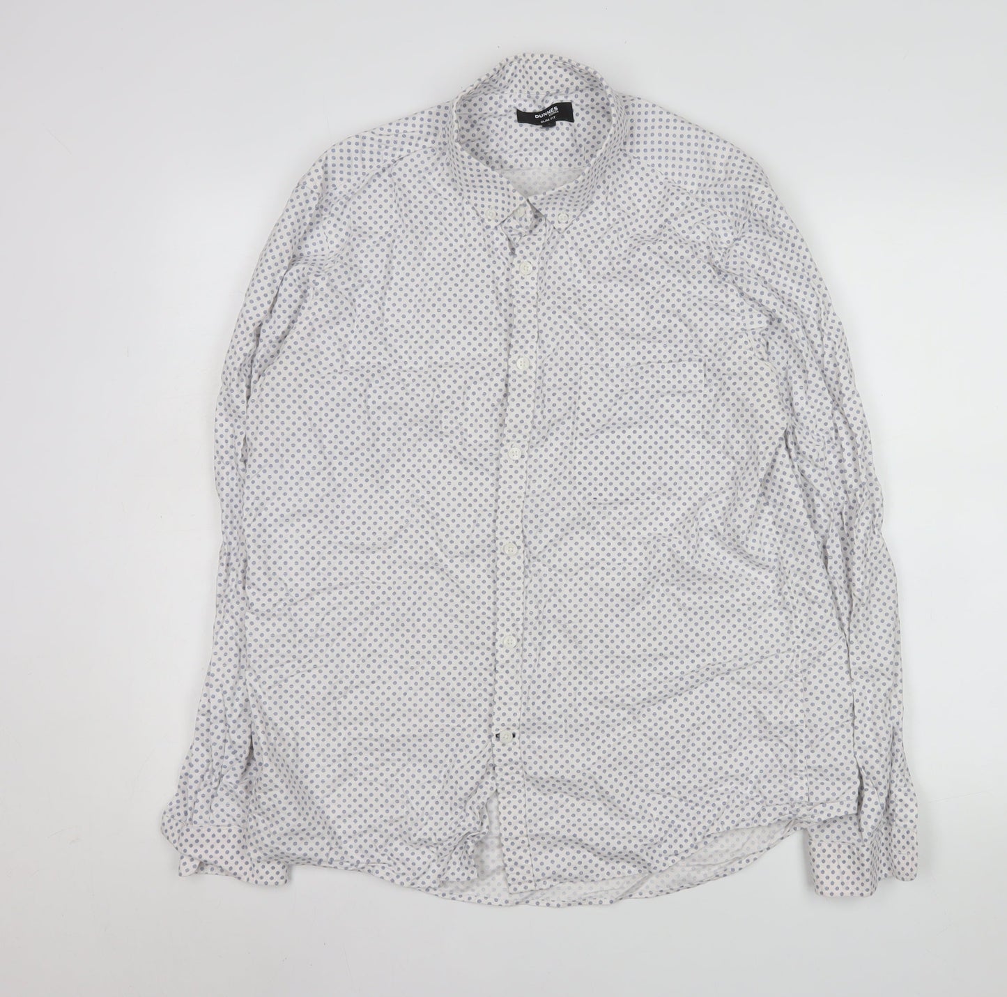 Dunnes Stores Men's White & Blue Polka Dot Cotton Button-Up Shirt Large