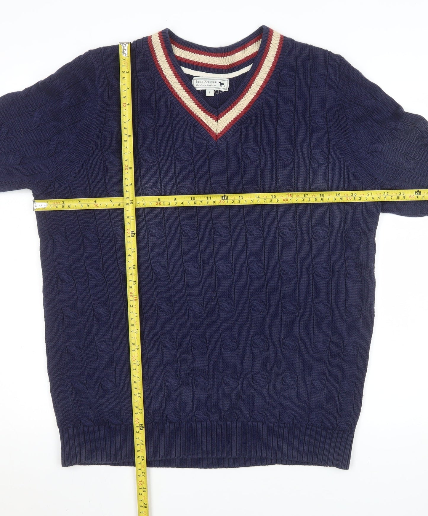 Jack Russell Men Blue Cable-Knit Cotton V-Neck Jumper Size L