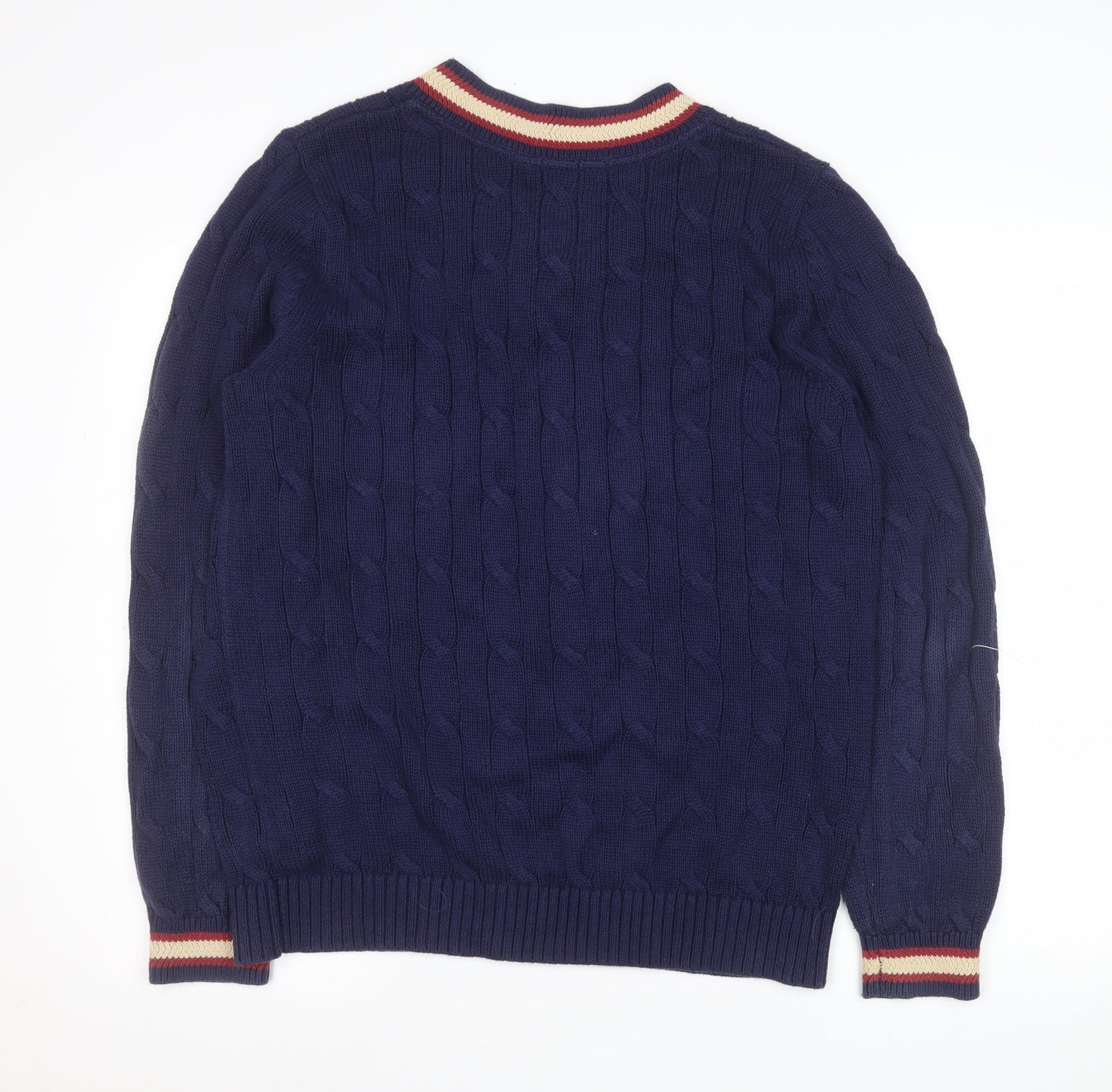 Jack Russell Men Blue Cable-Knit Cotton V-Neck Jumper Size L