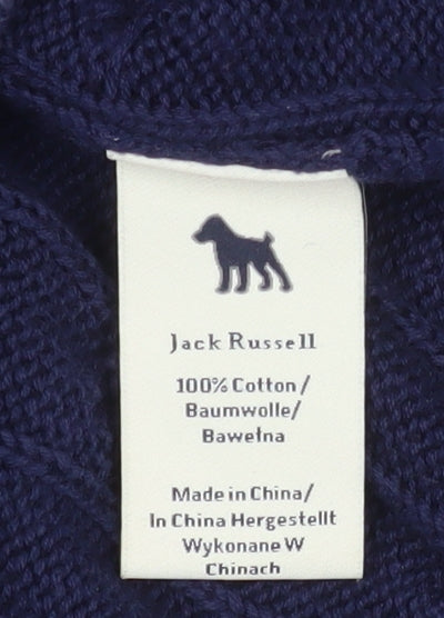 Jack Russell Men Blue Cable-Knit Cotton V-Neck Jumper Size L