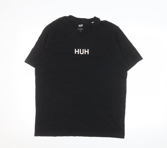 HUH Men Black S Short Sleeve Organic Cotton Graphic T-Shirt