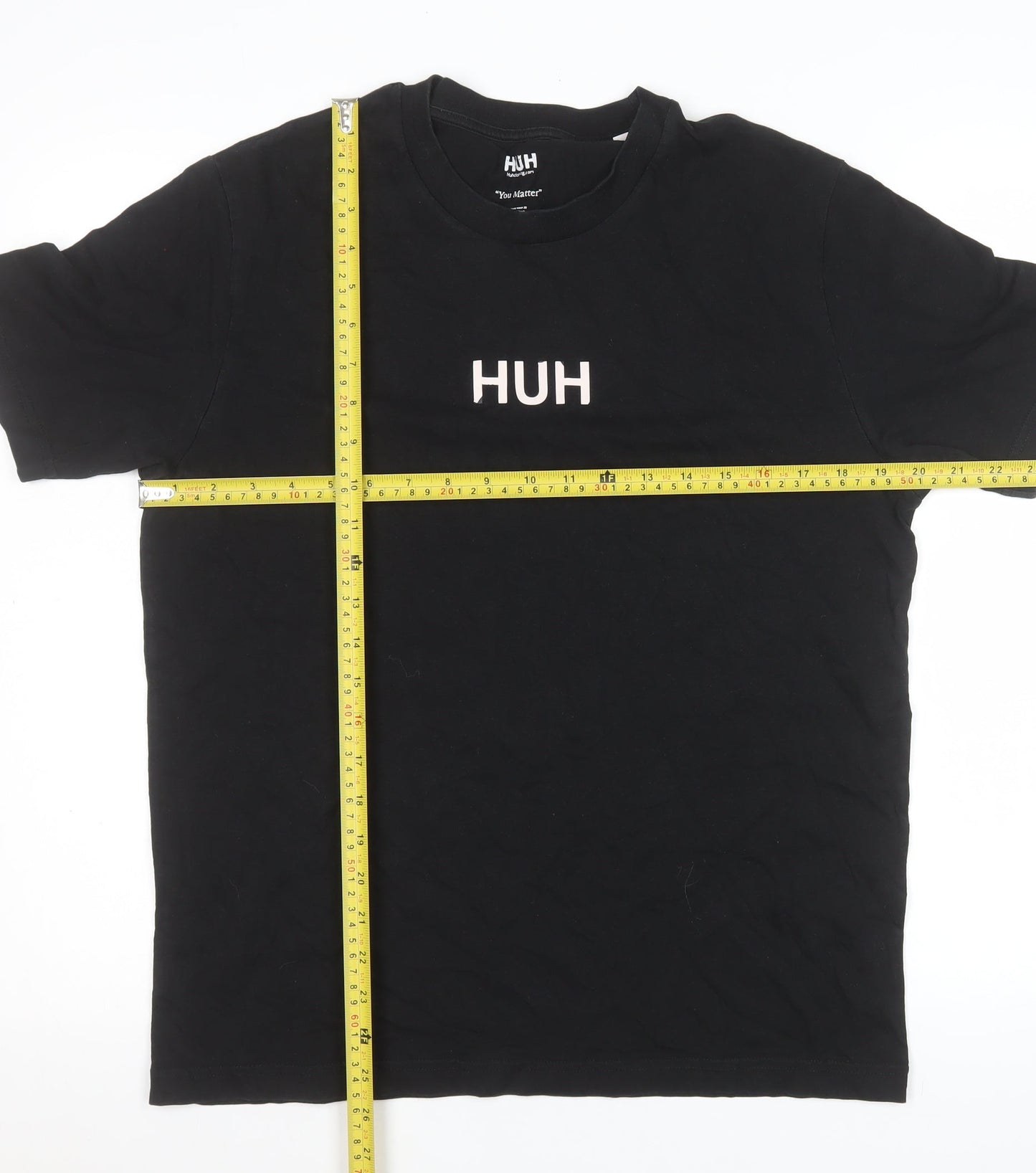 HUH Men Black S Short Sleeve Organic Cotton Graphic T-Shirt