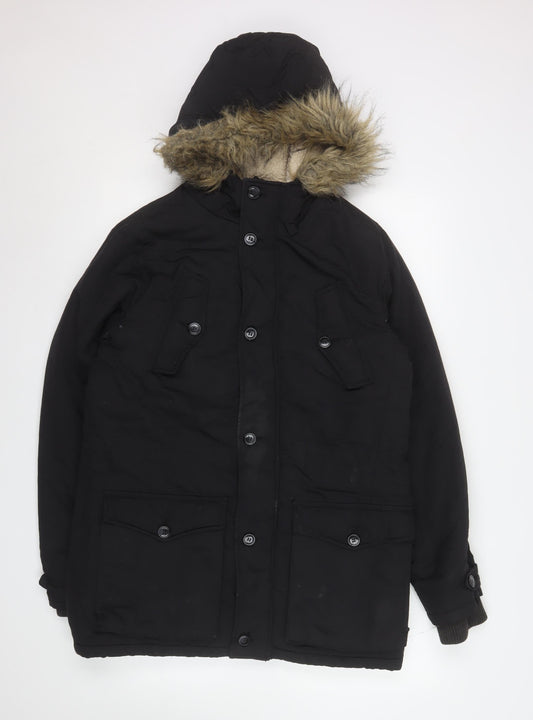 New Look Men’s Black Parka Jacket S Faux Fur Hood Winter Coat