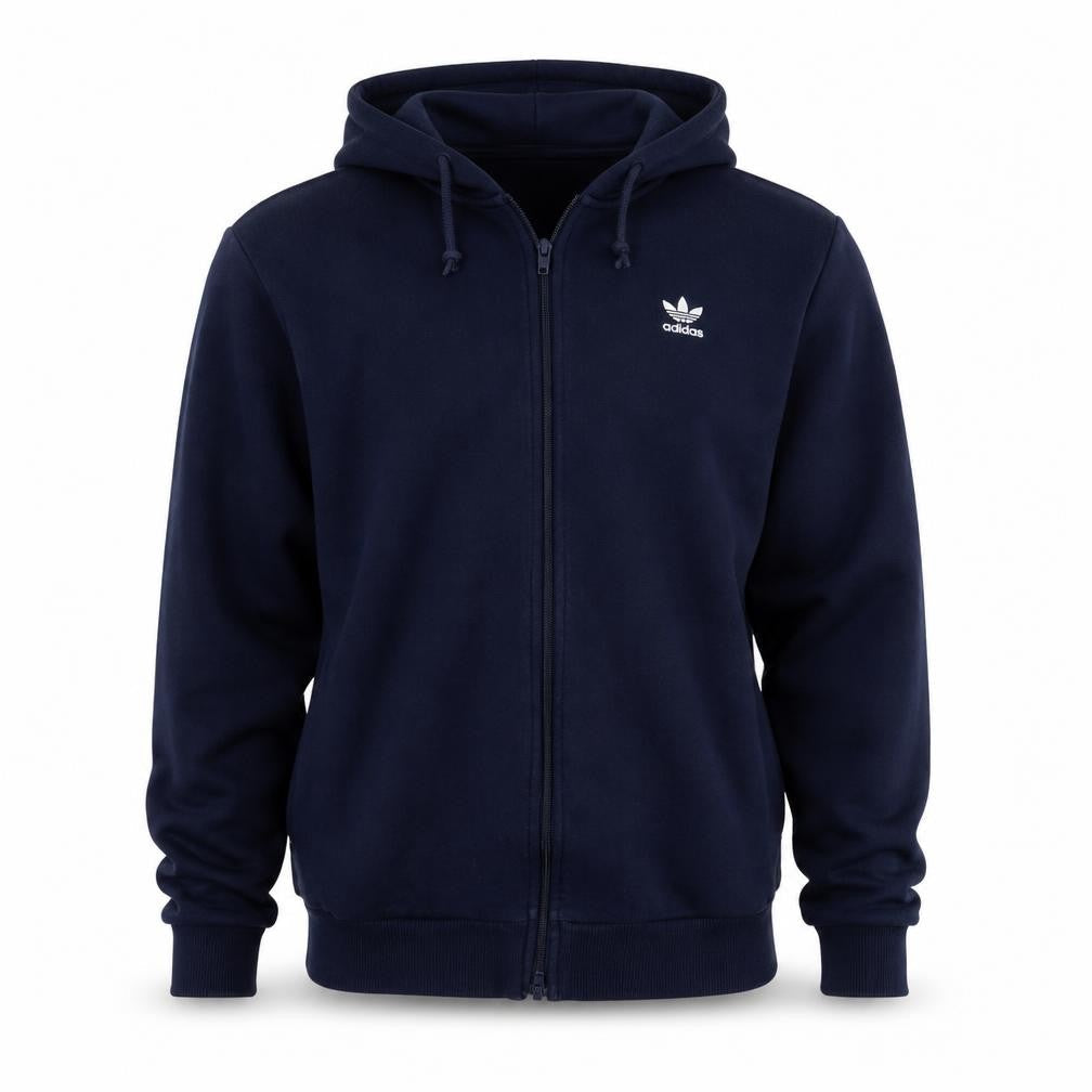 Adidas Men's Navy Full Zip Hoodie Small Trefoil Logo Fleece Cotton Blend