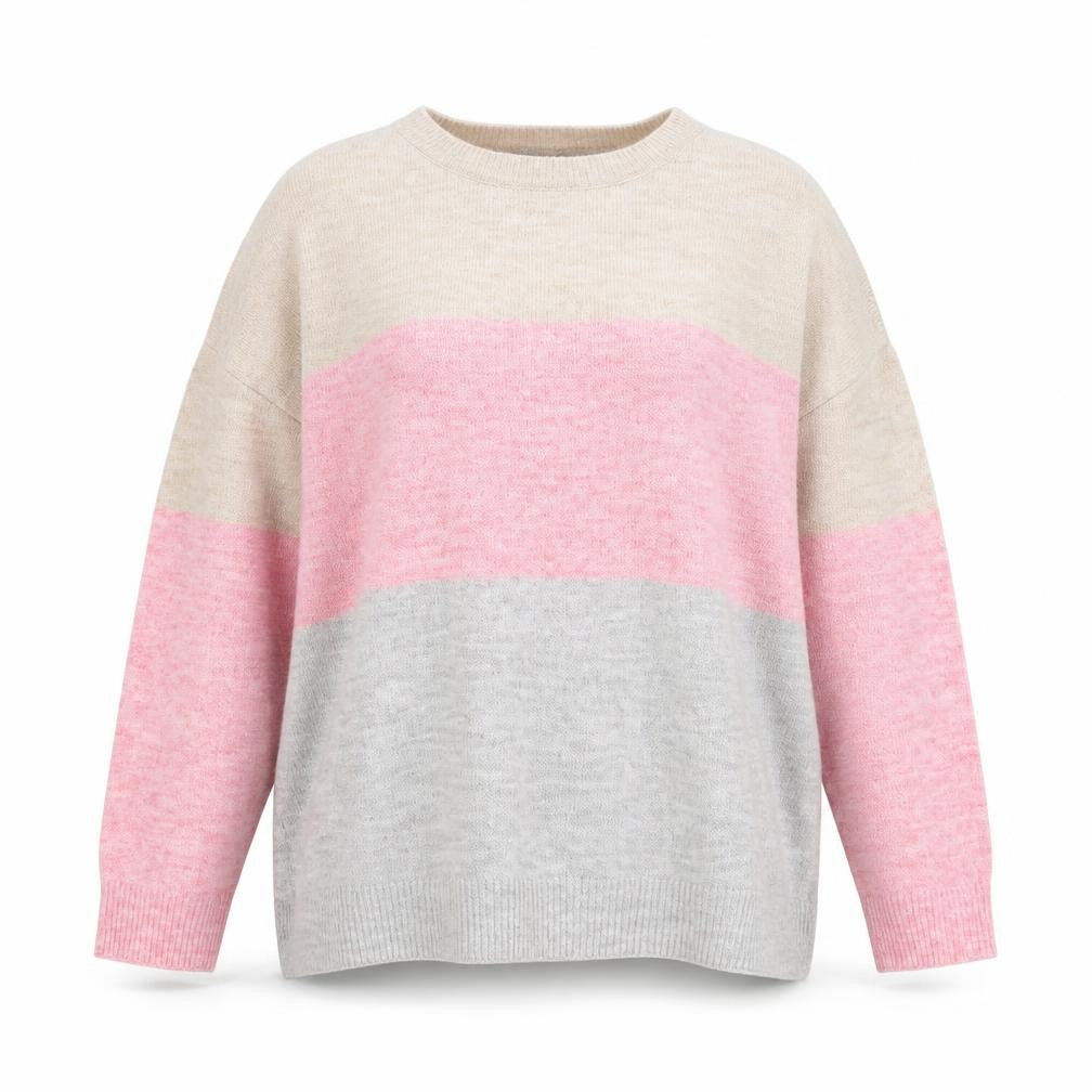 Bonmarché Womens Beige Pink Grey Colour Block Crew Neck Pullover Jumper Size 16