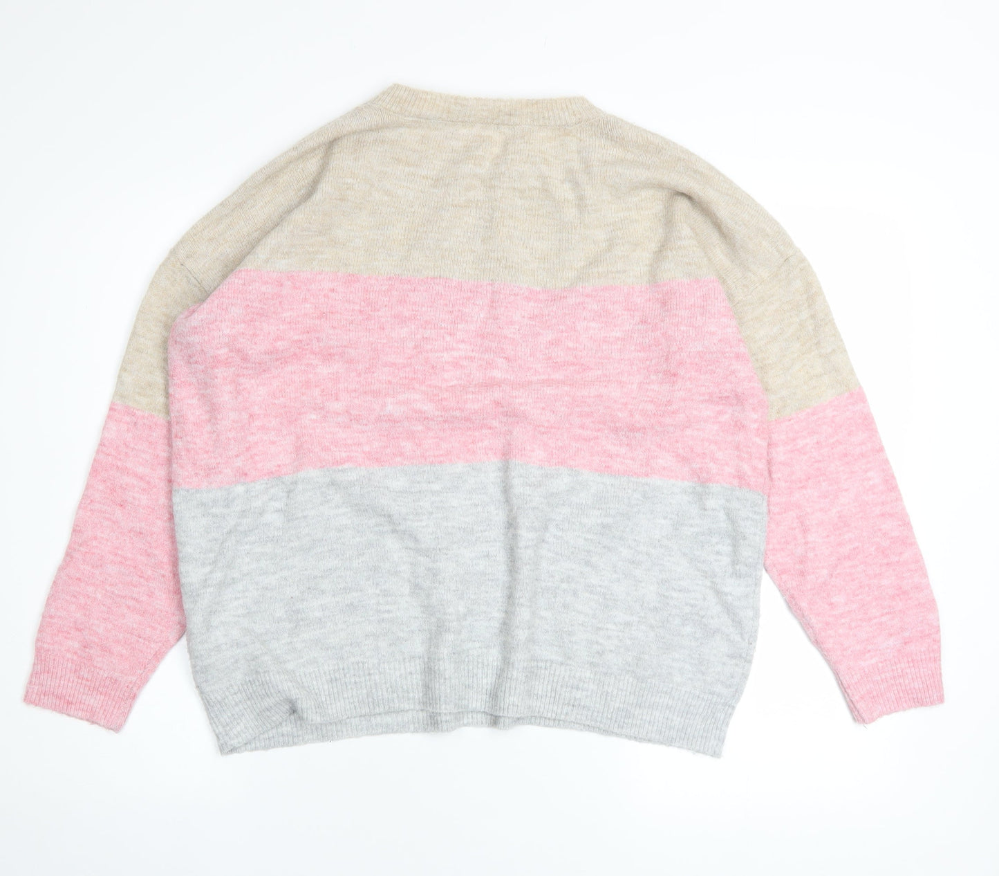 Bonmarché Womens Beige Pink Grey Colour Block Crew Neck Pullover Jumper Size 16