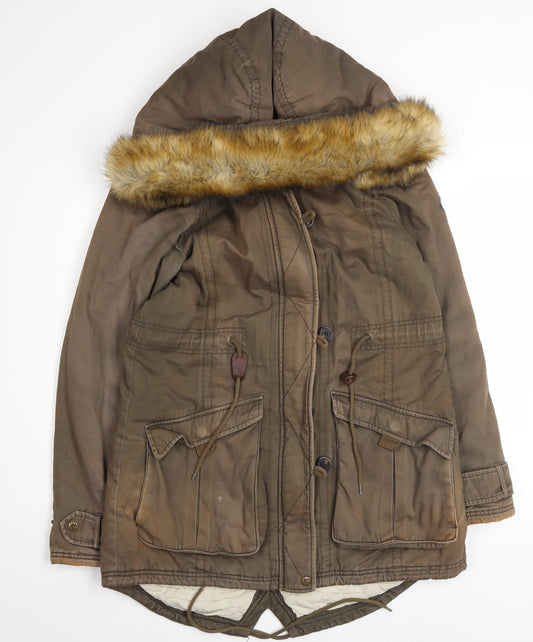 Puffa Womens Brown Cotton Fur Trim Hooded Parka Coat Size 12