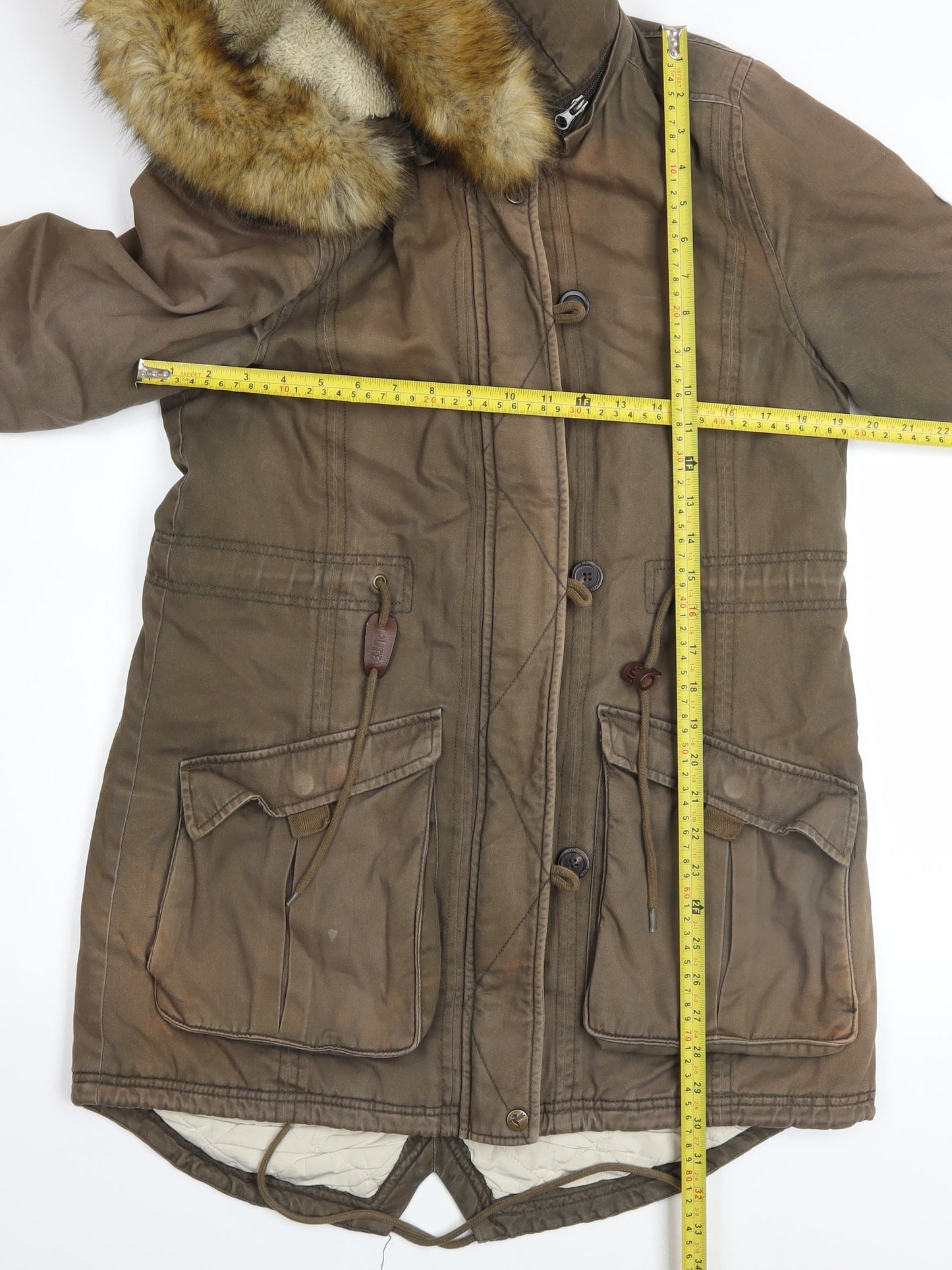 Puffa Womens Brown Cotton Fur Trim Hooded Parka Coat Size 12