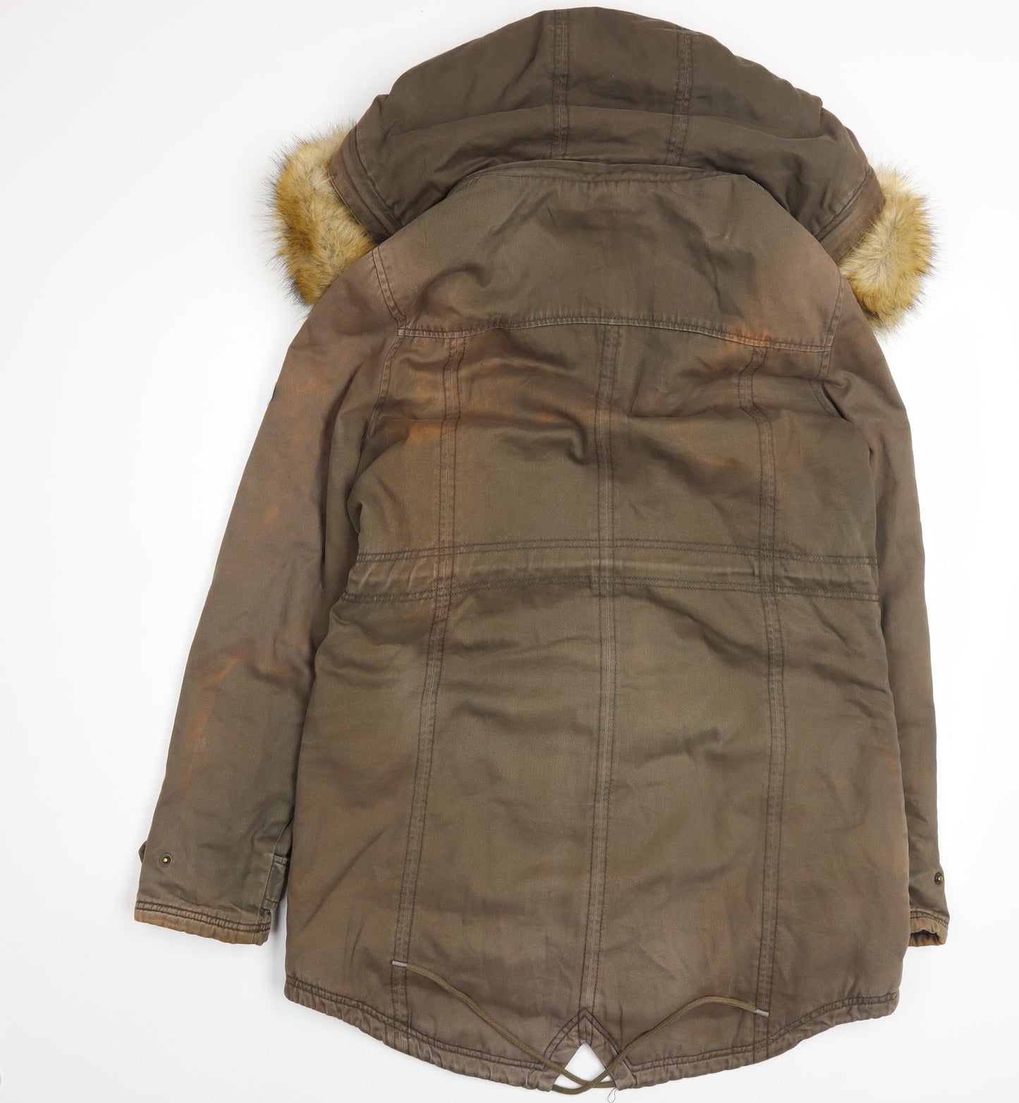 Puffa Womens Brown Cotton Fur Trim Hooded Parka Coat Size 12
