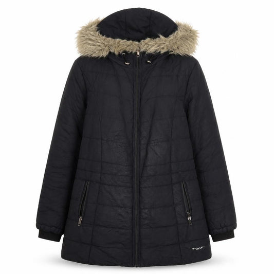 Foreign Culture Black XL Women's Long Puffer Coat Hooded Fur Trim