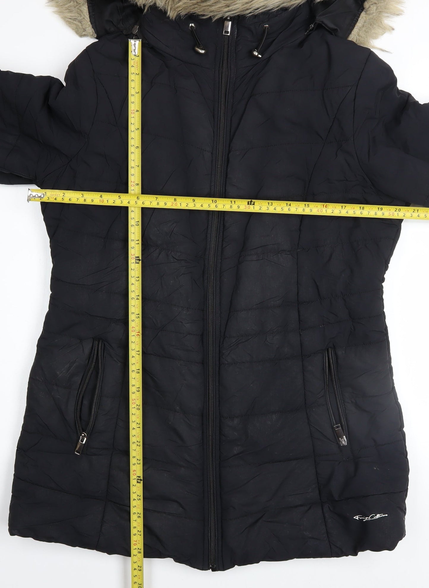 Foreign Culture Black XL Women's Long Puffer Coat Hooded Fur Trim
