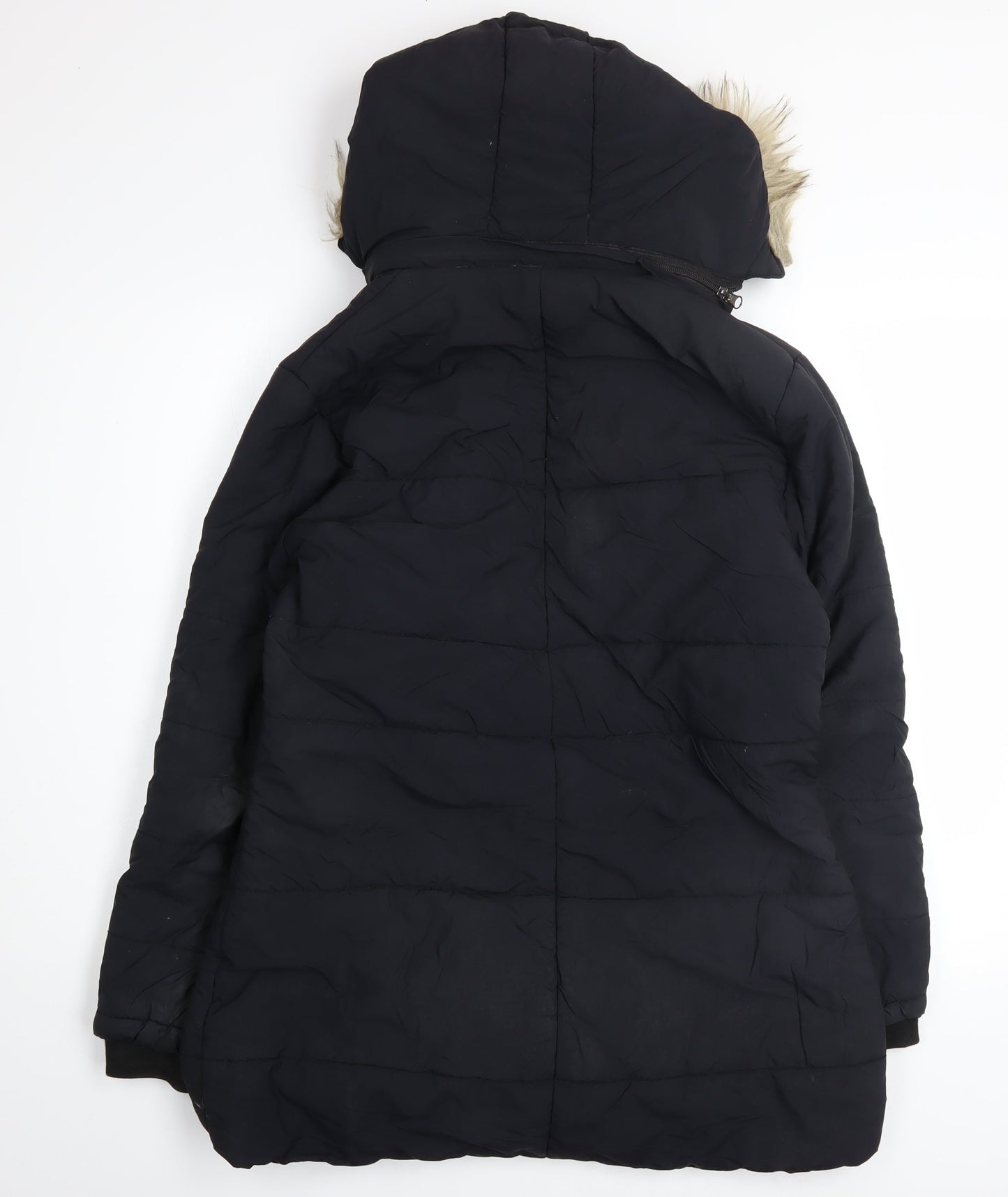 Foreign Culture Black XL Women's Long Puffer Coat Hooded Fur Trim