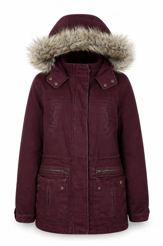 New Look Women's Red Faux Fur Hooded Parka Jacket Size 6