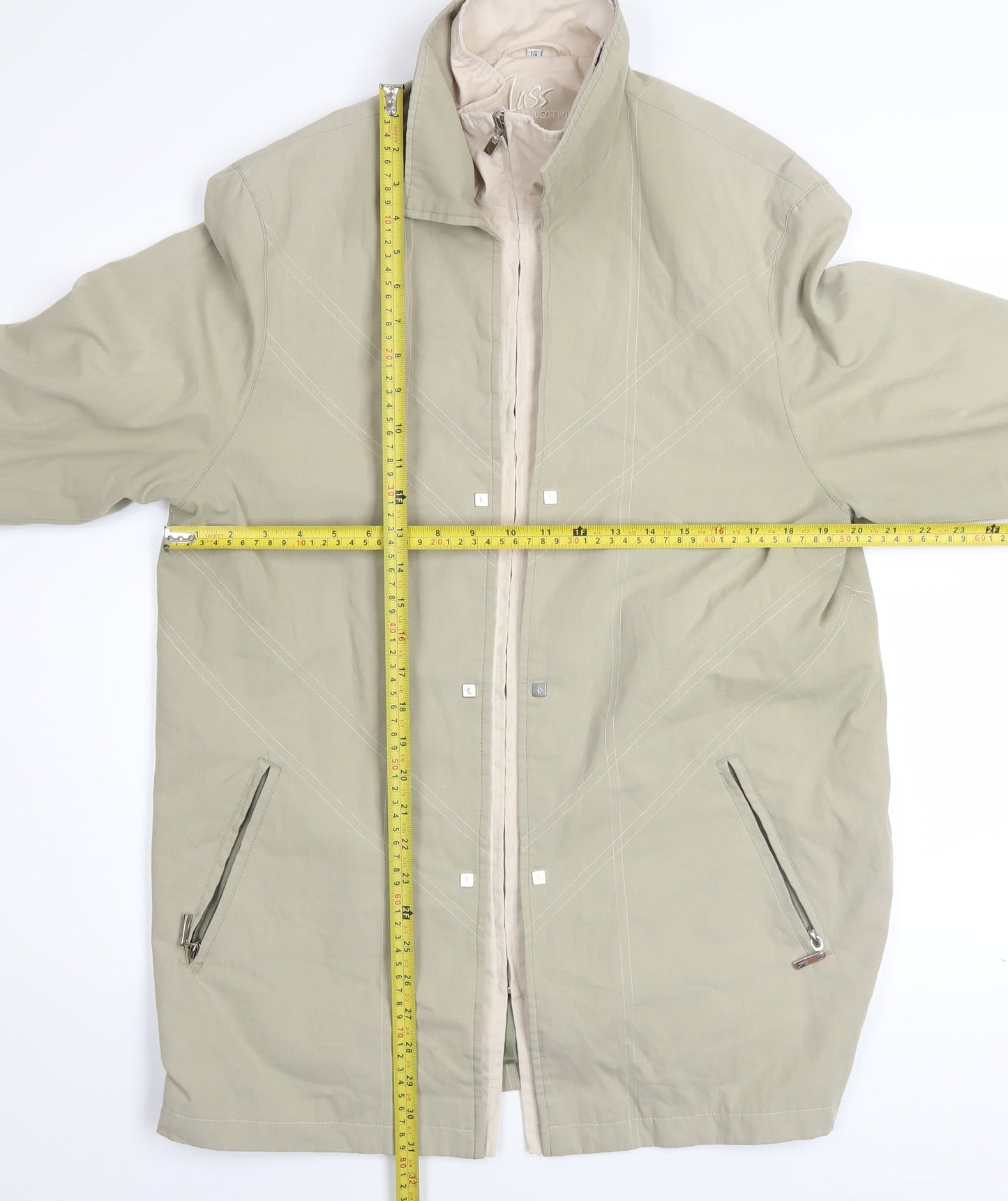 Klass Collection Women’s Beige Size 14 Rain Coat Full Zip Mid-Length