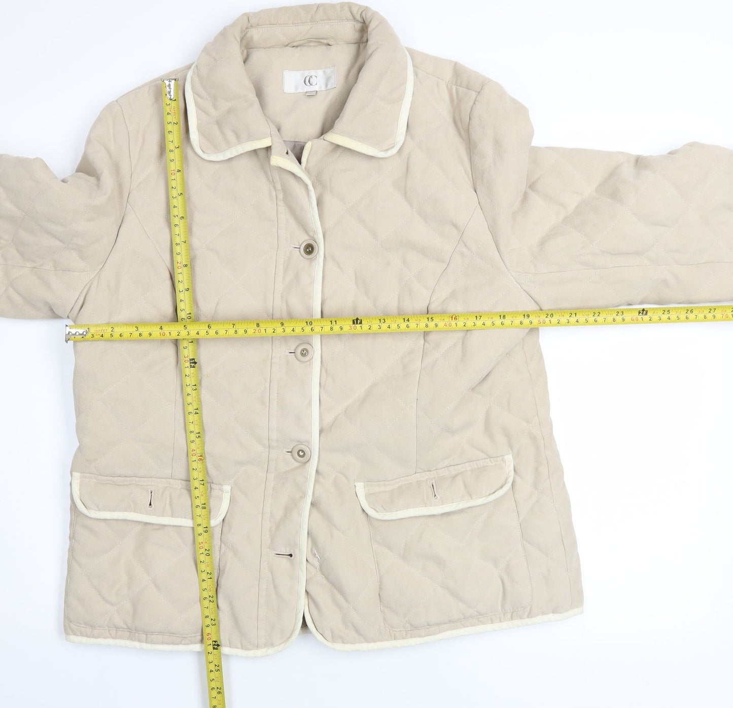 CC Women Beige Quilted Mid-Length Jacket Size 14