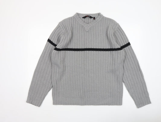 Cutting Edge Mens Grey Chunky Knit V-Neck Jumper XL