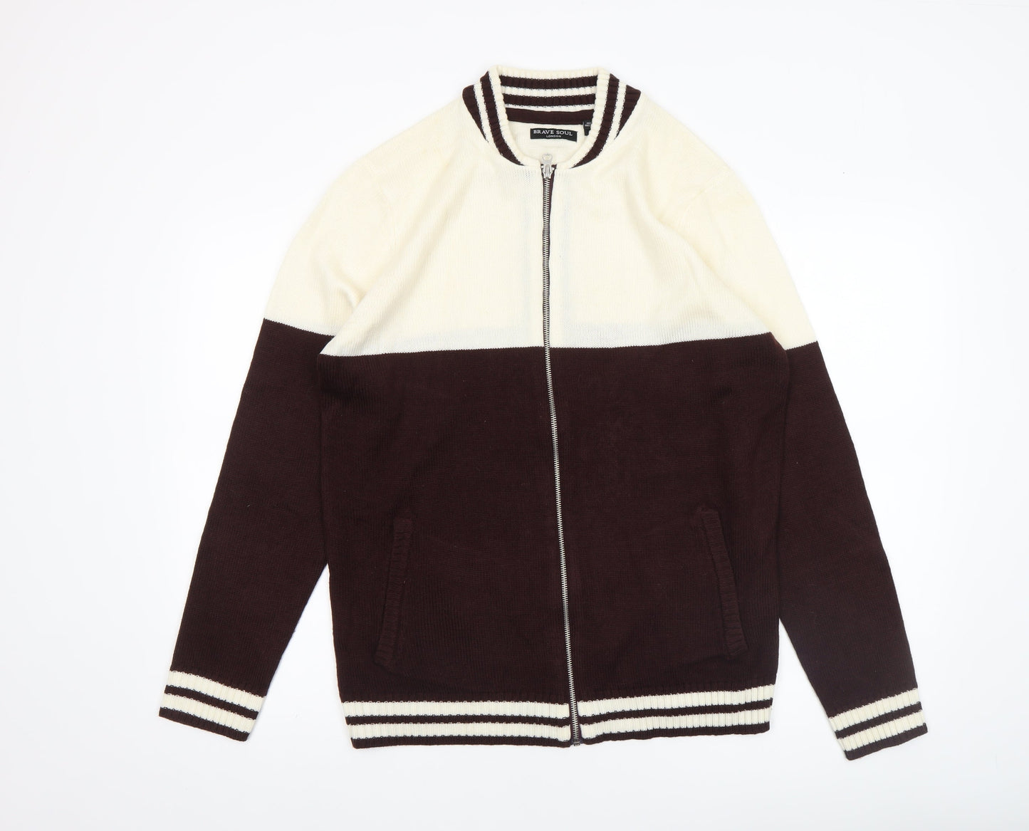 Brave Soul Men Brown Full Zip Knit Jumper Medium Acrylic