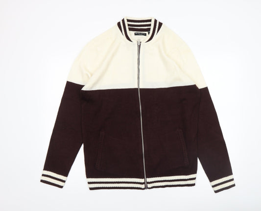 Brave Soul Men Brown Full Zip Knit Jumper Medium Acrylic
