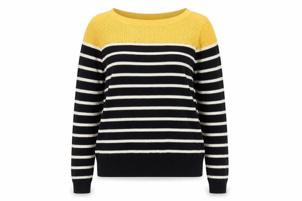 Oasis Women's Black Stripe Yellow Crochet Knit Jumper Medium