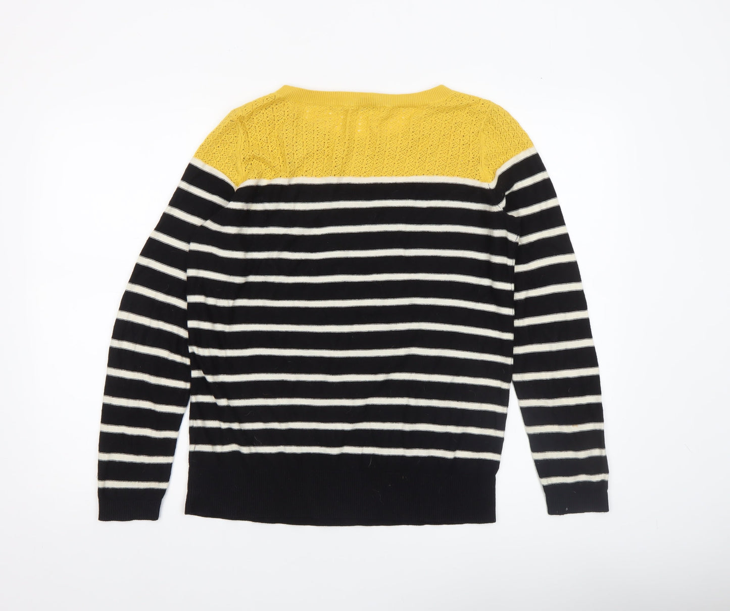 Oasis Women's Black Stripe Yellow Crochet Knit Jumper Medium