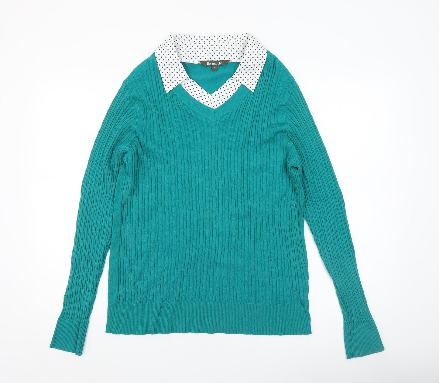 Bonmarché Women’s Green Cable-Knit V-Neck Pullover Jumper Size 16