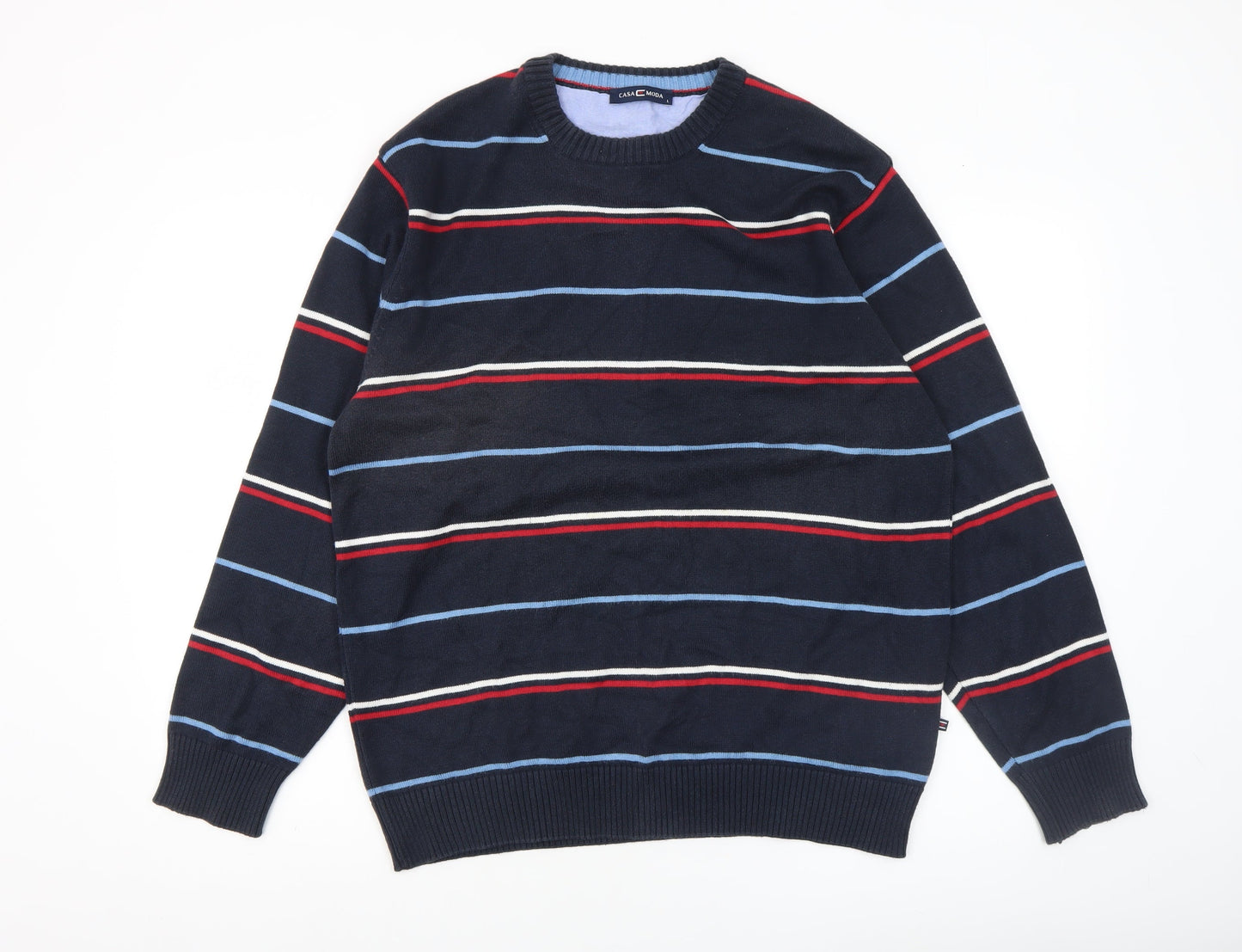 Casa Moda Men Blue Striped Cotton Acrylic Crew Neck Jumper L