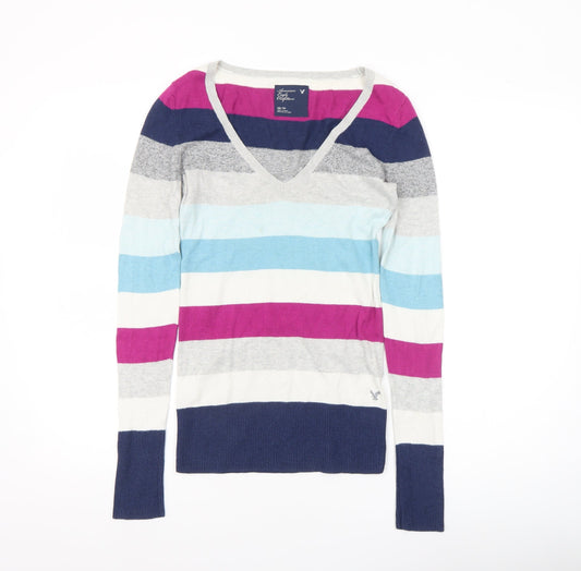 American Eagle Outfitters Women’s Multicoloured Striped V-Neck Pullover Jumper XS