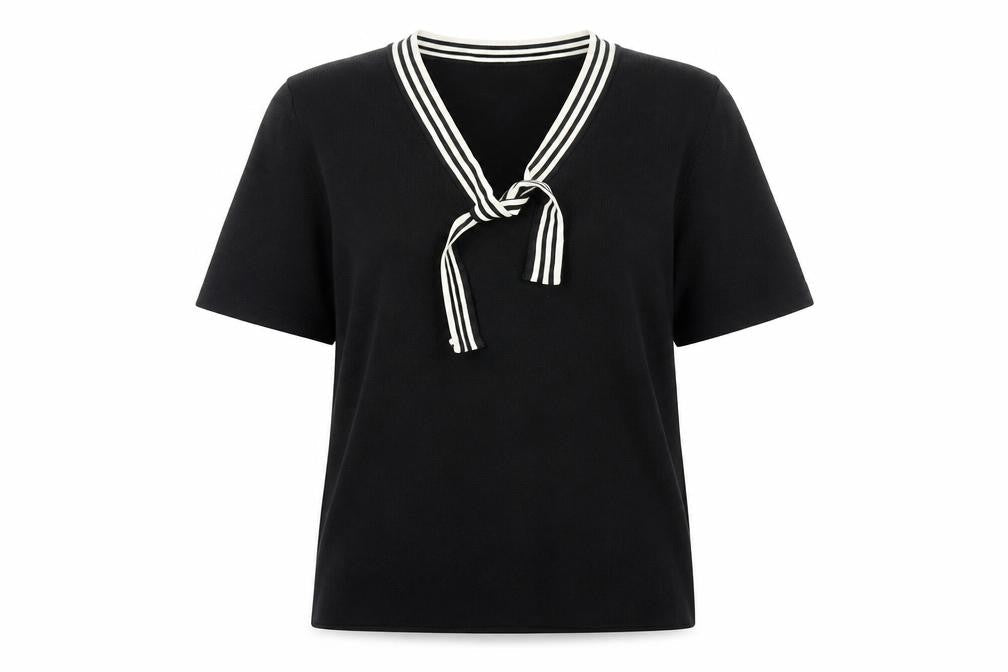BHS Womens Black Short Sleeve V-Neck Bow Blouse Size 18