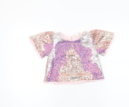 H&M Girls Pink Sequin Cropped T-Shirt 3-4 Years Party Top