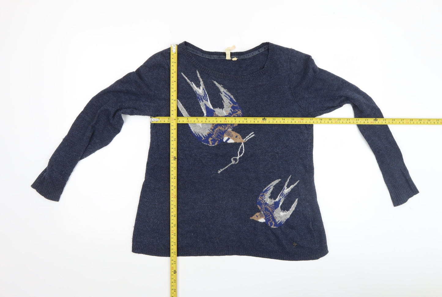 Lulu & Red Women's Blue Bird Pattern Wool Blend Jumper Size M