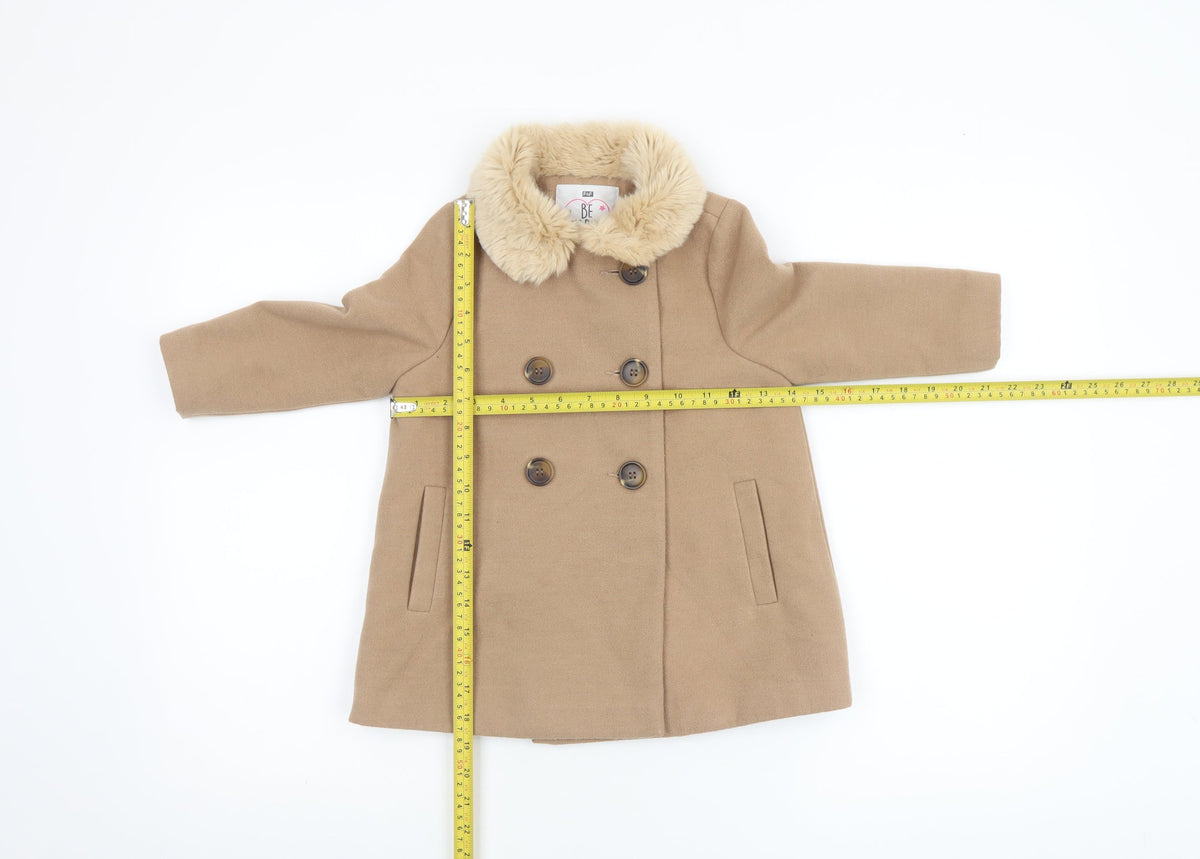 F&F Girls Beige Faux Fur Collar Double Breasted Pea Coat 3-4 Years