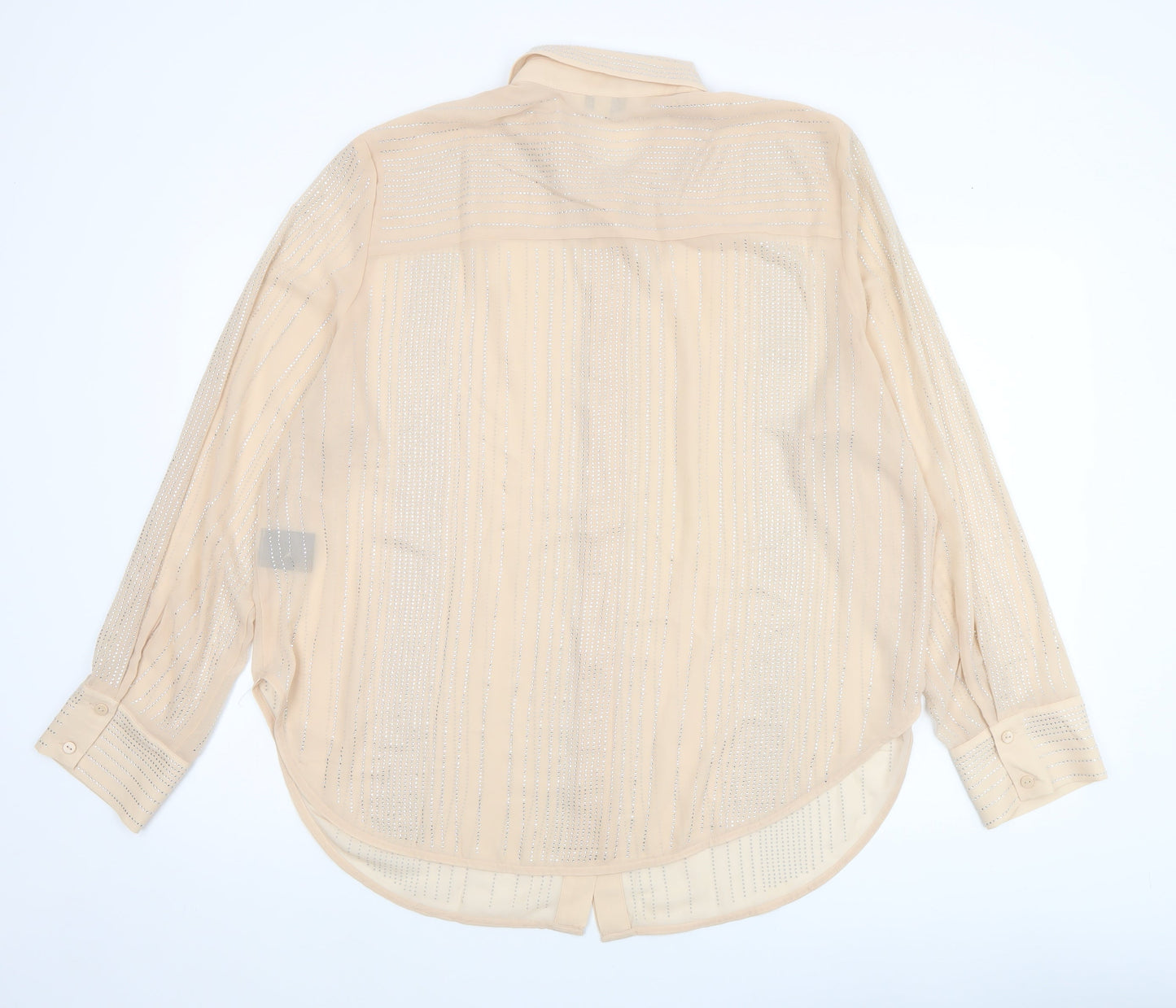 H&M Edition Women Beige Sheer Beaded Long Sleeve Collared Blouse XL