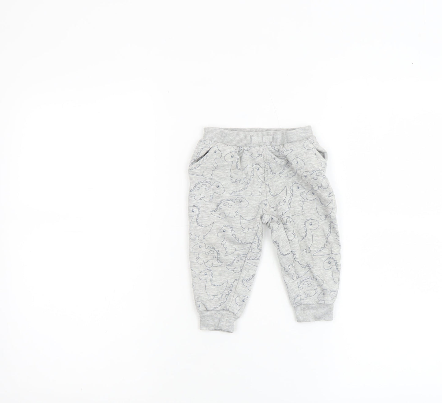 NPO Baby Grey Dinosaur Jogger Trousers 12 Months Unisex Cotton Blend