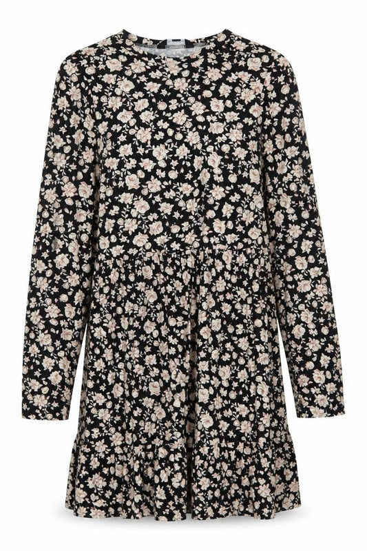New Look Women Black Floral Shift Dress Size 6 Long Sleeve Ruffle Hem