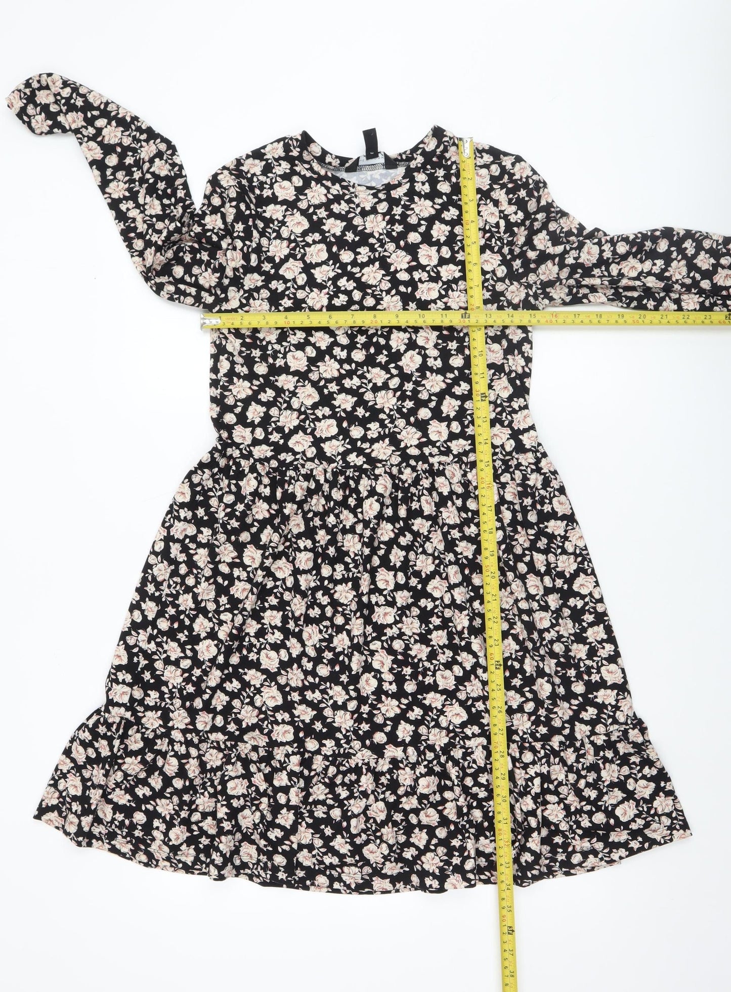 New Look Women Black Floral Shift Dress Size 6 Long Sleeve Ruffle Hem