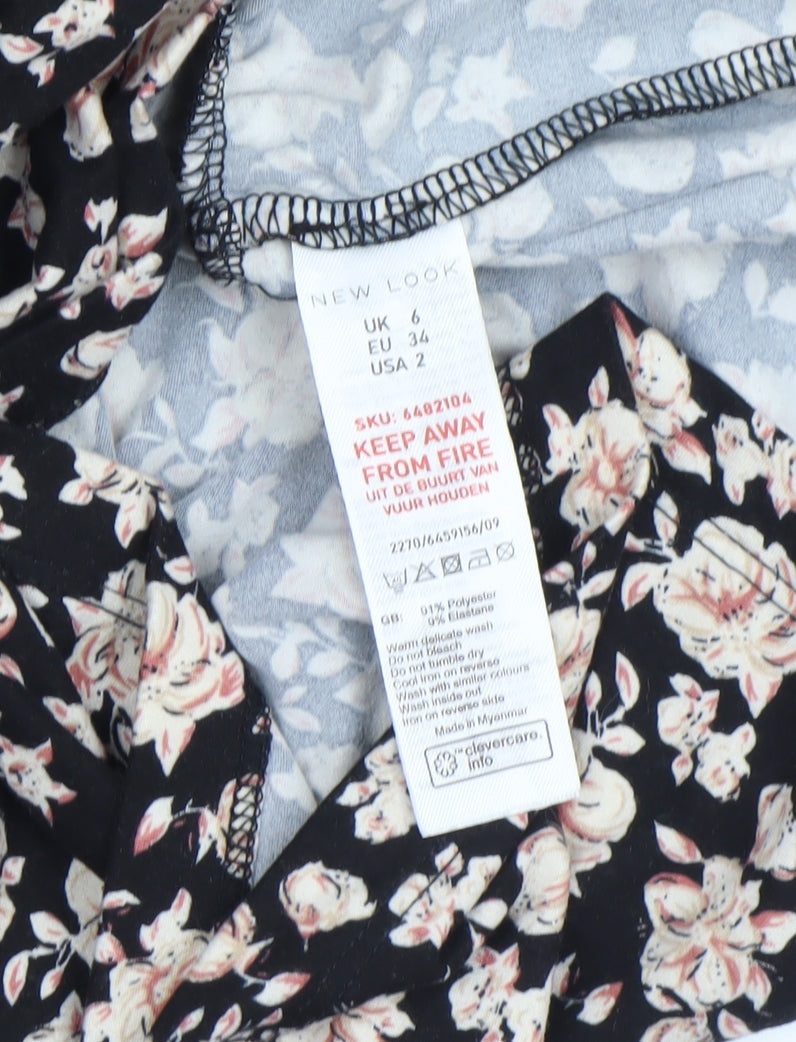 New Look Women Black Floral Shift Dress Size 6 Long Sleeve Ruffle Hem