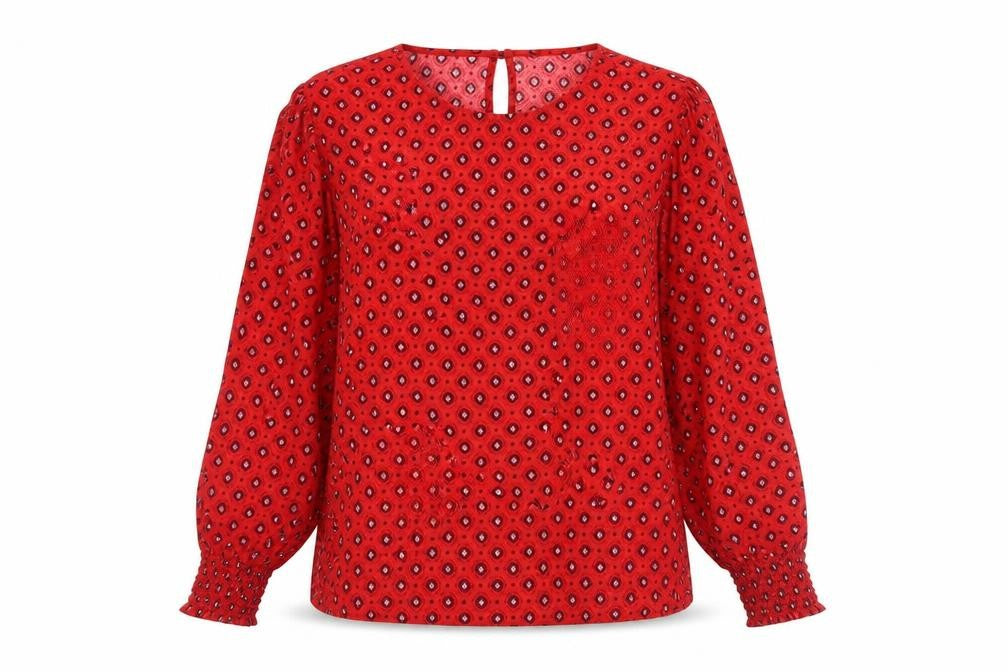 Only Women Red Geometric Long Sleeve Viscose Blouse Size 8