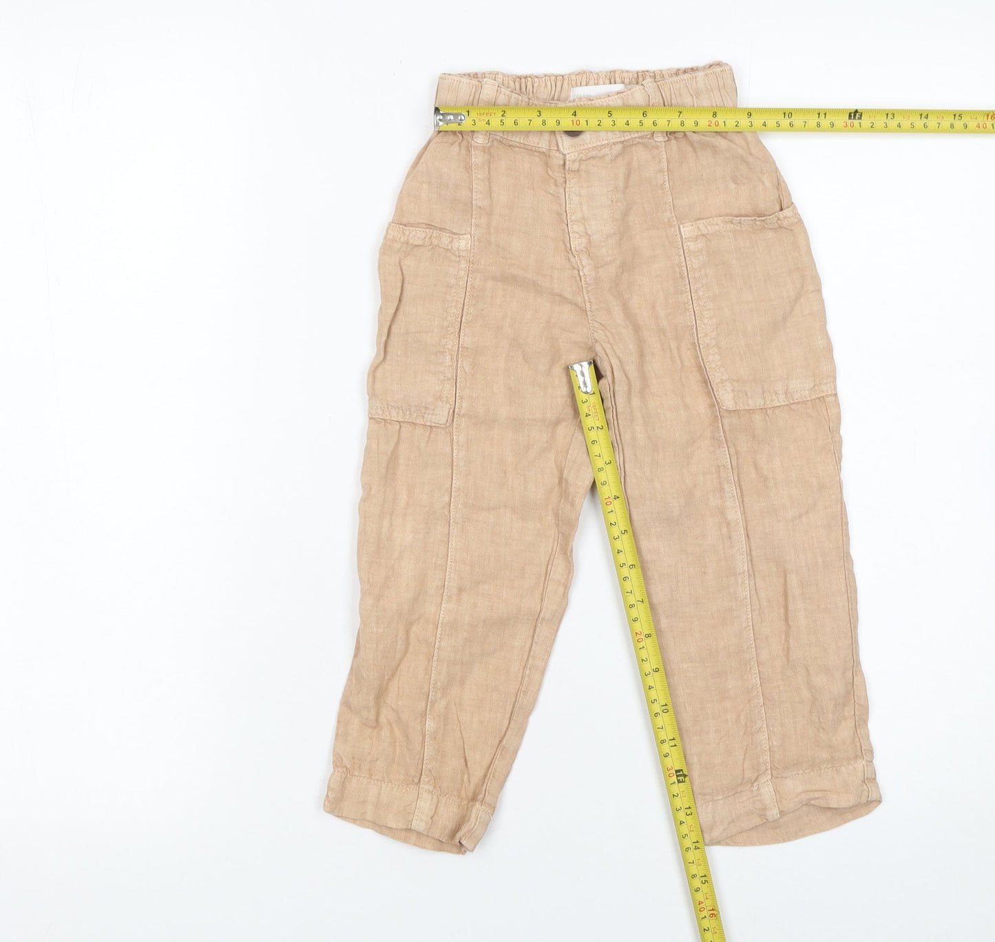 Zara Girls Beige Linen Cargo Trousers 4 Years Elastic Waist Summer Pants