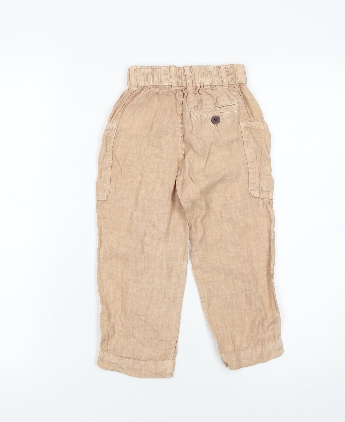 Zara Girls Beige Linen Cargo Trousers 4 Years Elastic Waist Summer Pants