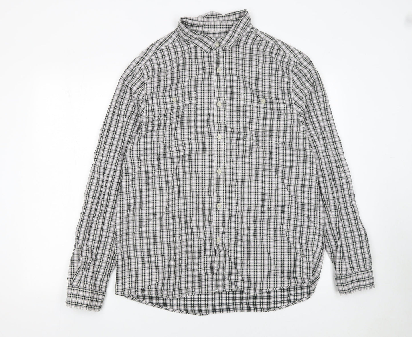 Tu Men's Grey Check Cotton Long Sleeve Button-Up Shirt L