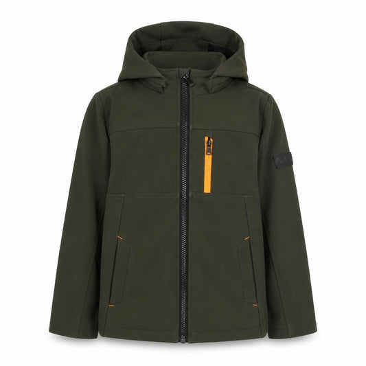 Front view of Michael Kors boys’ green hooded soft shell jacket age 8 full zip casual