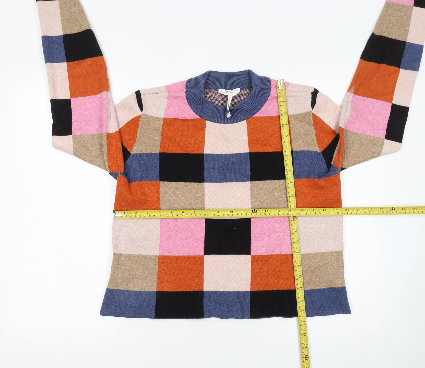 OBJECT Women's Multicoloured Check Knit Jumper L Long Sleeve Pullover