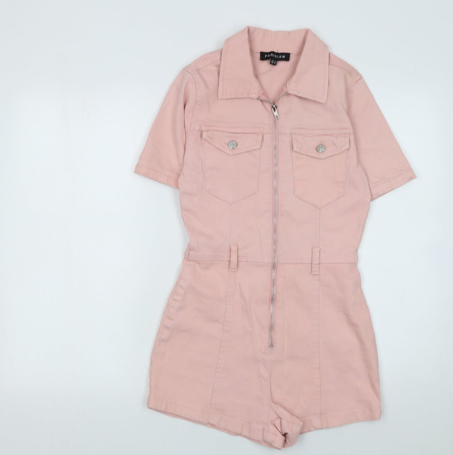 Parisian Women Pink Zip Front Short Sleeve Playsuit UK 8 Cotton Blend