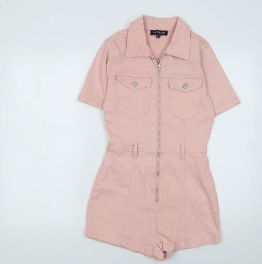 Parisian Women Pink Zip Front Short Sleeve Playsuit UK 8 Cotton Blend