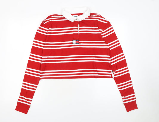 Tommy Jeans Womens Red White Striped Cropped Polo Shirt XS