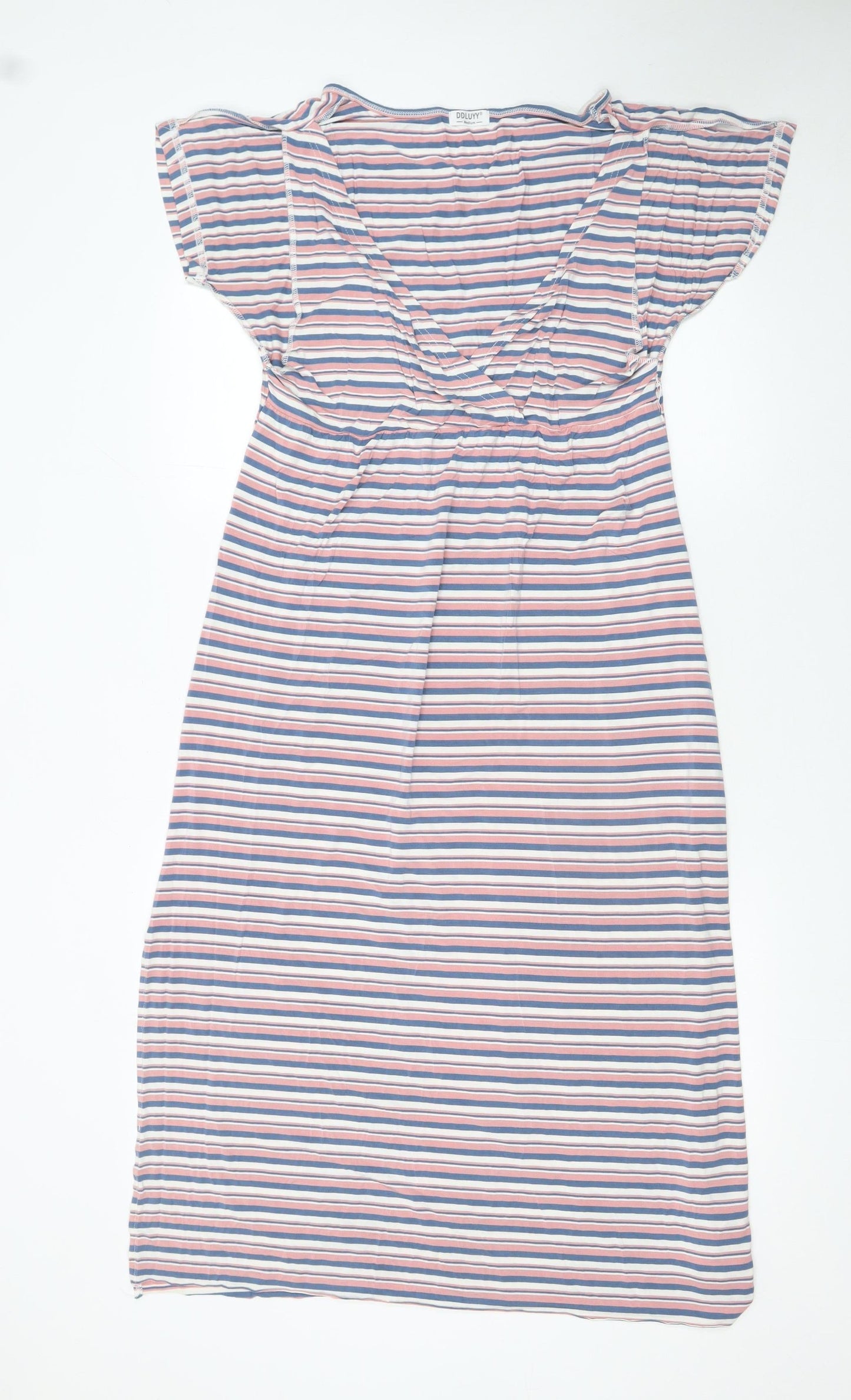 DDL UYY Women Multicoloured M Striped Shift Dress V-Neck Stretch