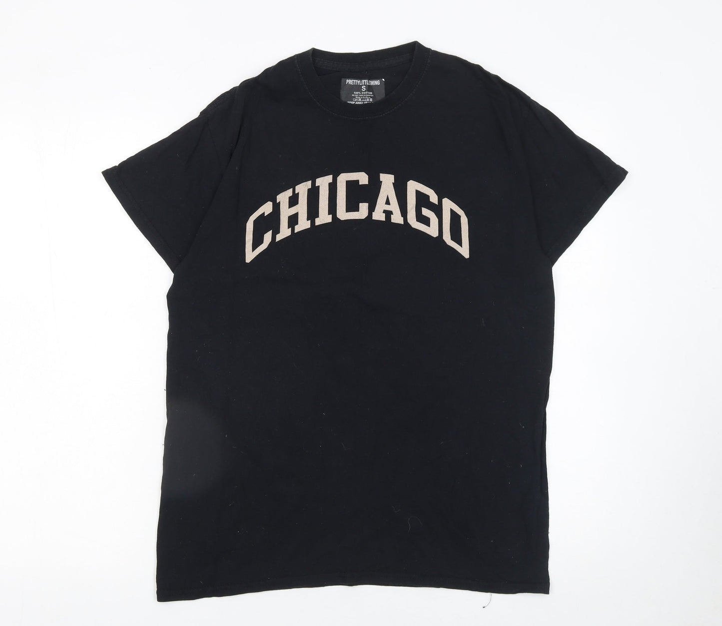 PrettyLittleThing Women Black Chicago Graphic Cotton T-Shirt Size S