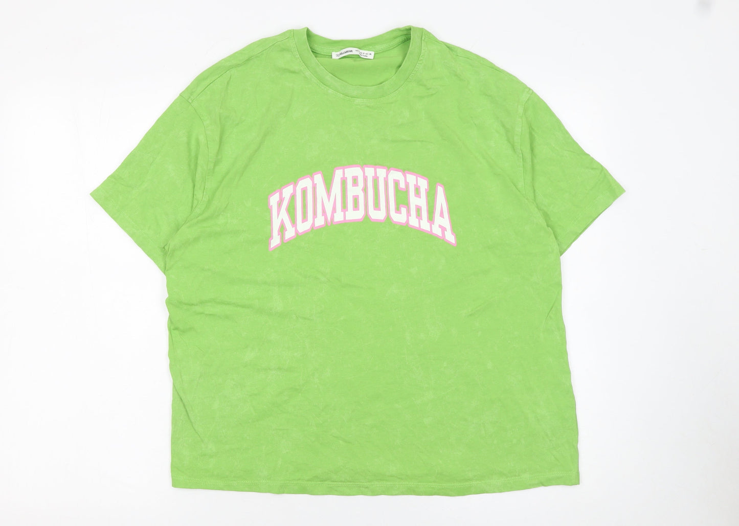 Pull&Bear Women's Green Kombucha Print T-Shirt Size S Casual