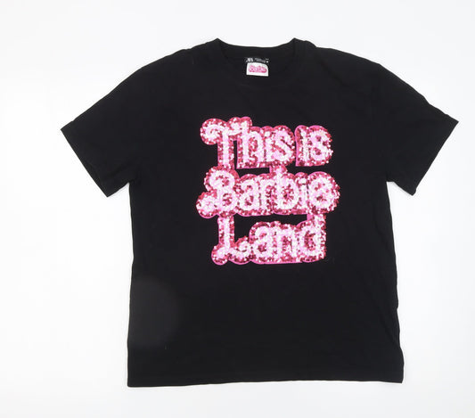 ZARA Women Black Barbie Sequin T-Shirt Size 12 Short Sleeve Cotton