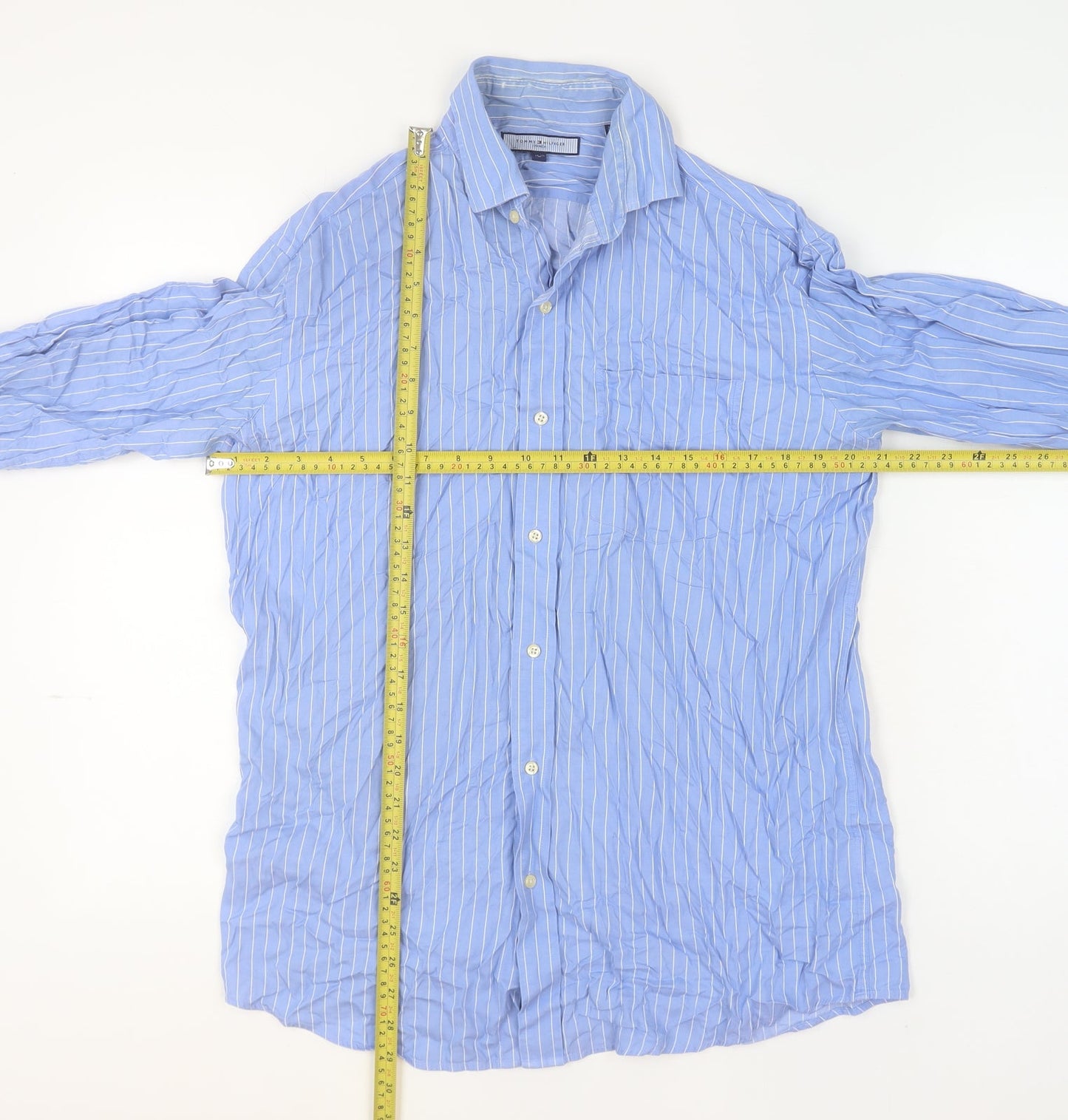 Tommy Hilfiger Men's Blue Striped Cotton Long Sleeve Button-Up Shirt M